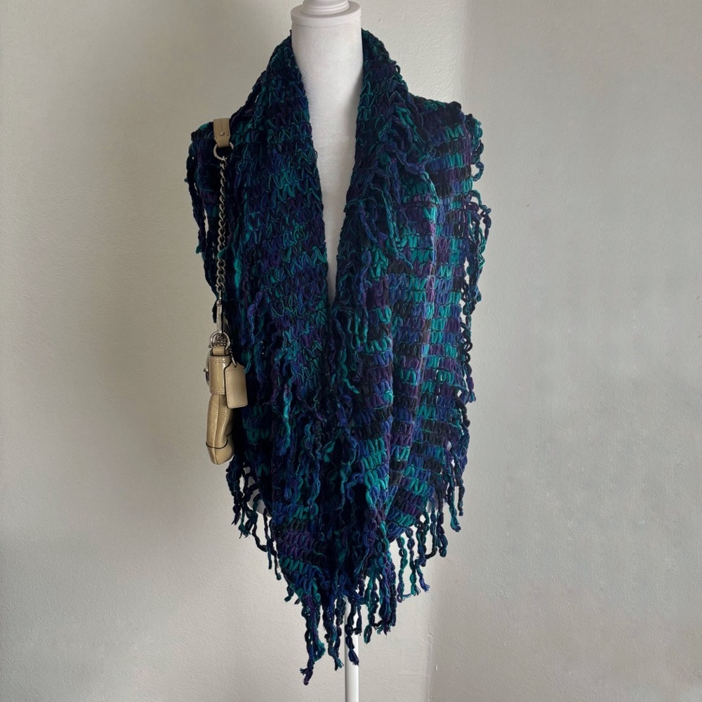 Steve Madden Blue Green Loop Knit Fringe Shawl Vest OS